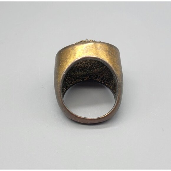 Vintage Oval Green Enamel Rhinestone Filigree Brass Color Size 7.5 Ring R1 - Picture 4 of 8